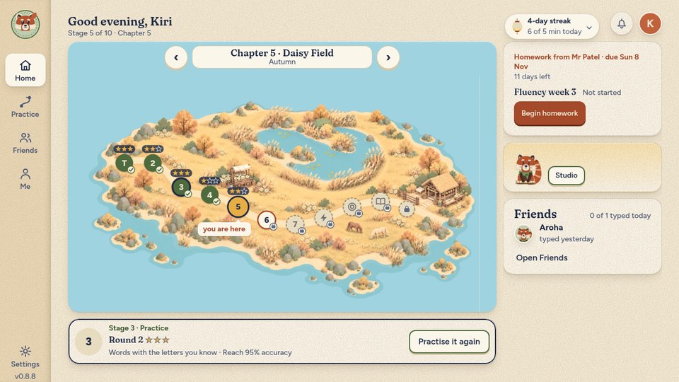 Paper Grove look: Kiri's home page with a paper map of Chapter 5, Daisy Field, star pills on the finished stages (3, 2, 3 and 1 stars) and 2 stars on the current Stage 5, the preview of Stage 3, Round 2 with three stars and a Practise it again button, a header chip reading 4-day streak, 6 of 5 min today, homework Fluency week 3 from Mr Patel with a Begin homework button, Momo the red panda with a Studio button, and a Friends card with Aroha.