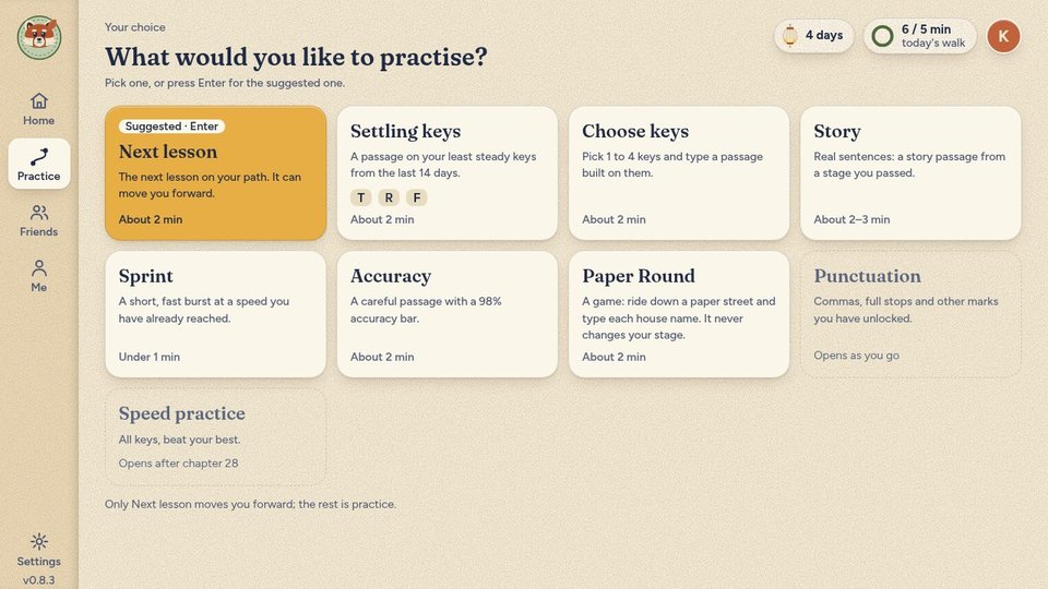 The Practice screen: cards for Next lesson (suggested), Settling keys (on T, R and F), Choose keys, Story, Sprint, Accuracy and Paper Round, most with how long they take, and Punctuation and Speed practice still locked.